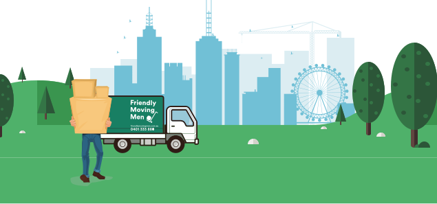 Illustration of a man holding packed boxes in a garden in front of a Friendly Moving Men van with the Melbourne skyline in the background.