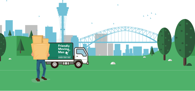 Illustration of a man holding packed boxes in a garden in front of a Friendly Moving Men van with the Sydney skyline in the background.