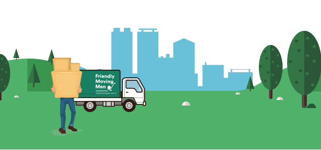 Illustration of a man holding packed boxes in a garden in front of a Friendly Moving Men van with a skyline in the background.