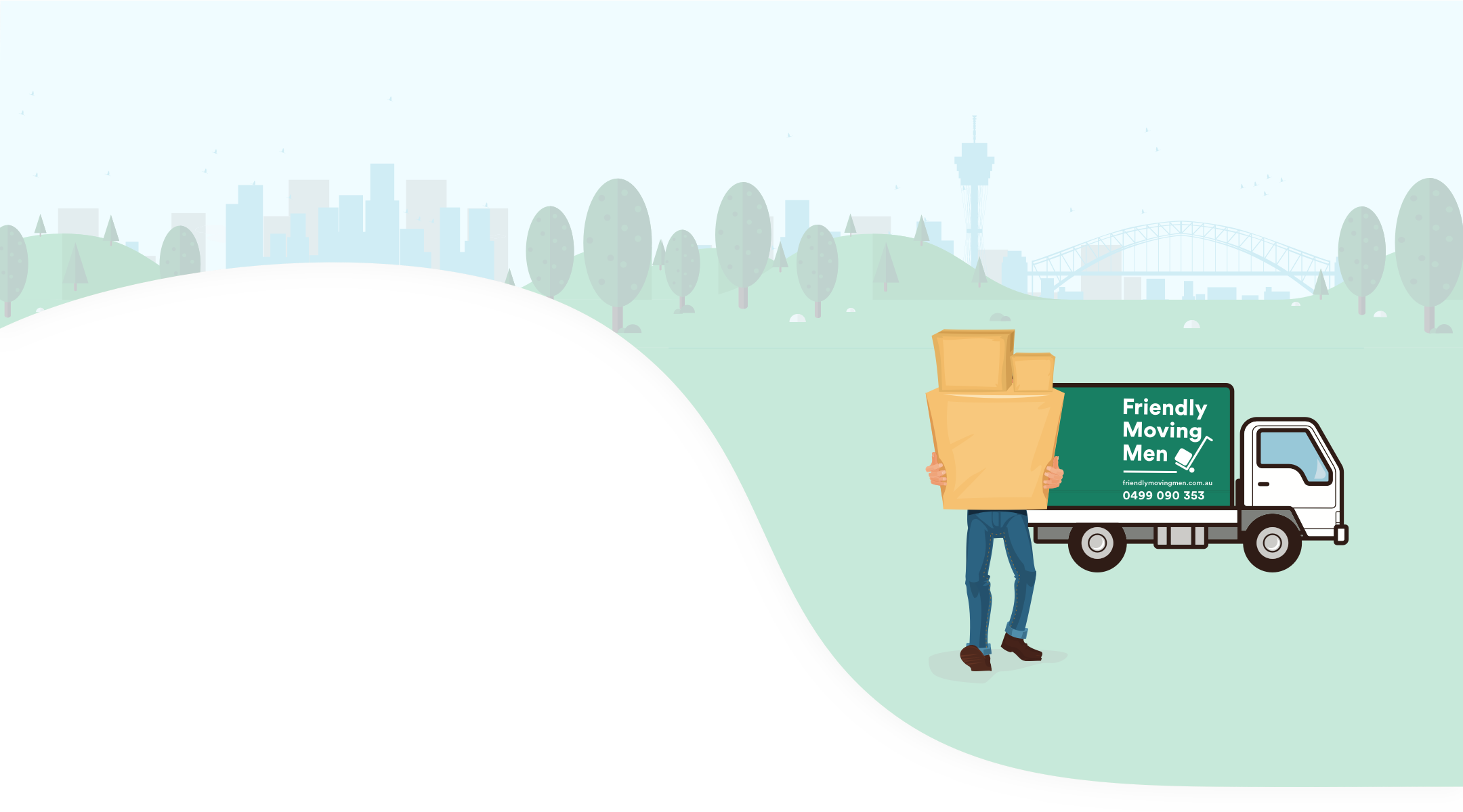 Illustration of a man holding packed boxes in front of a Friendly Moving Men van with the Sydney skyline in the background.