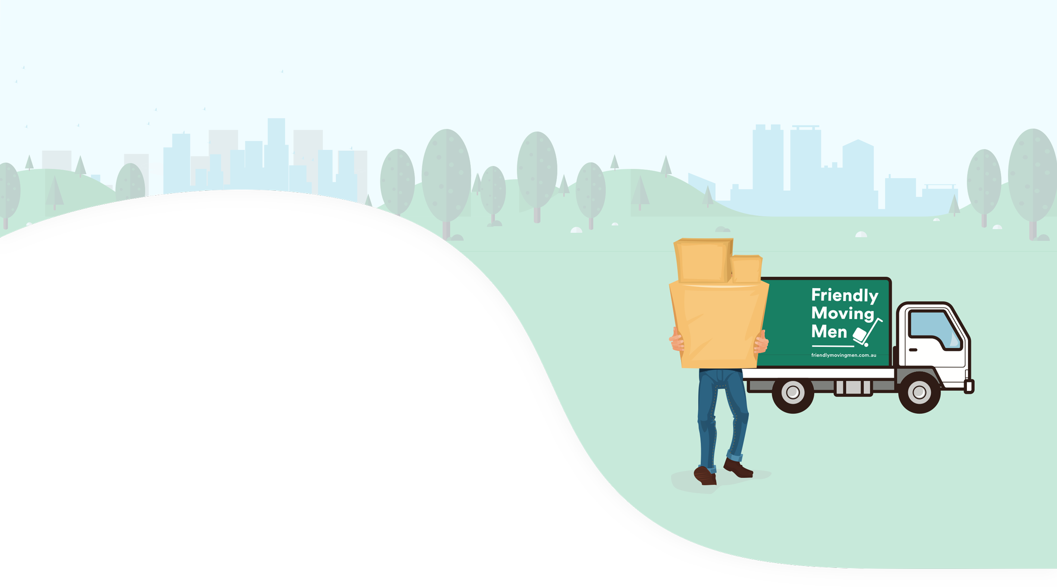 Illustration of a man holding packed boxes in front of a Friendly Moving Men van with a skyline in the background.